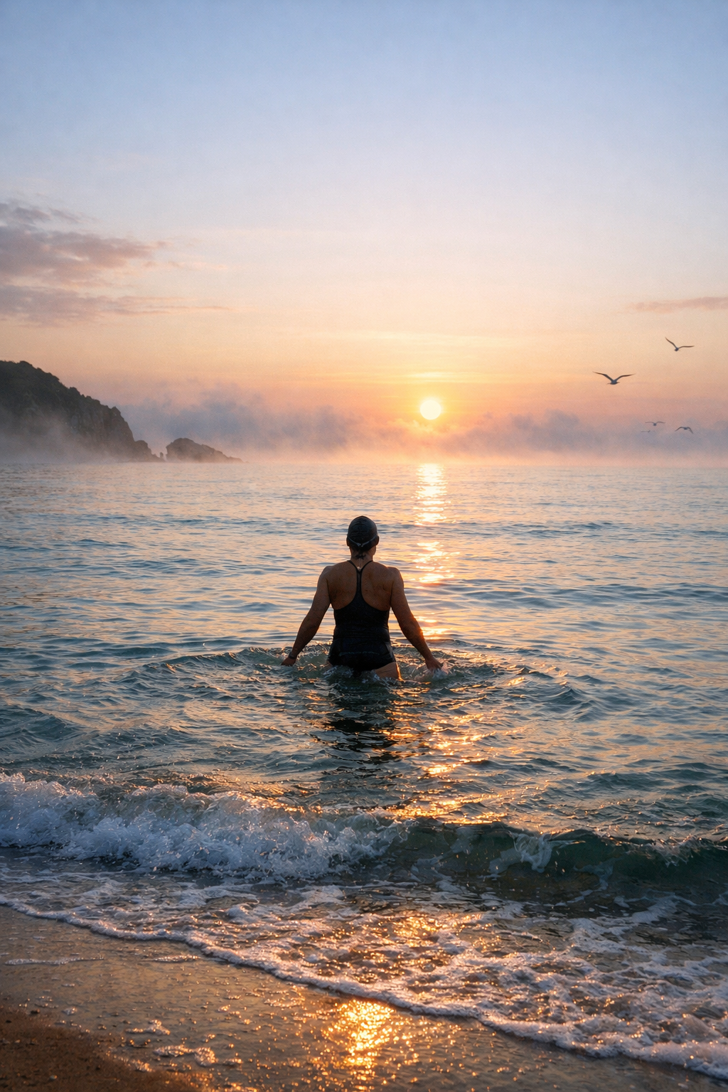 Sea mood image showing a dramatic coastal swim scene